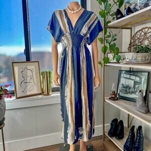 Goddess Tie-Dye Beach Ready Boho Maxi Vacation Dress w/ Flattering Bunched Waist